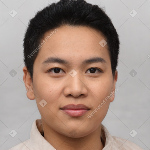 Joyful asian young-adult male with short  brown hair and brown eyes