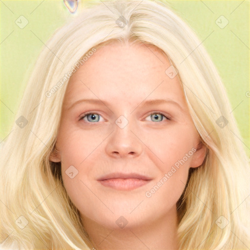 Joyful white young-adult female with long  blond hair and blue eyes
