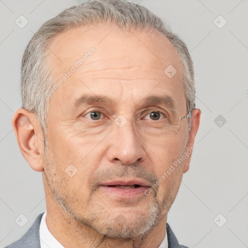 Neutral white middle-aged male with short  gray hair and brown eyes