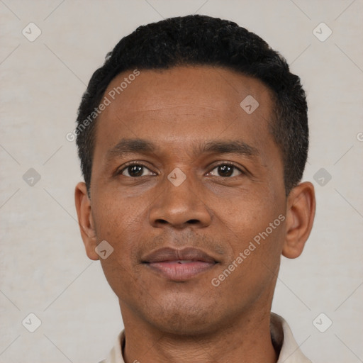 Neutral black young-adult male with short  black hair and brown eyes
