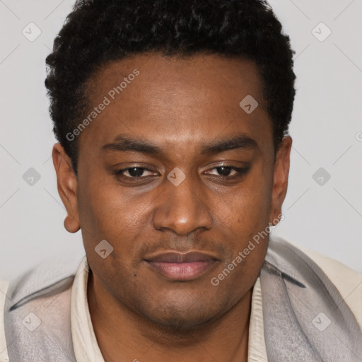 Joyful black young-adult male with short  brown hair and brown eyes