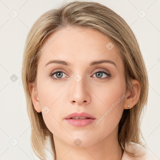 Neutral white young-adult female with long  brown hair and grey eyes