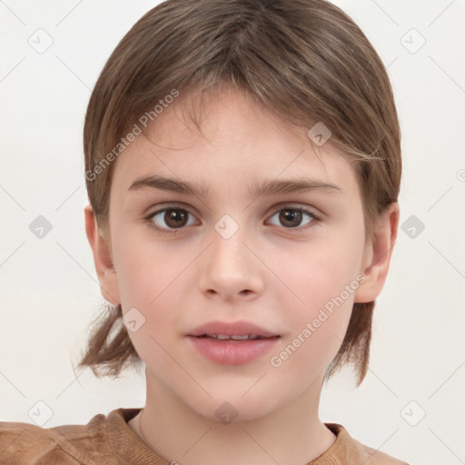 Joyful white child female with medium  brown hair and brown eyes