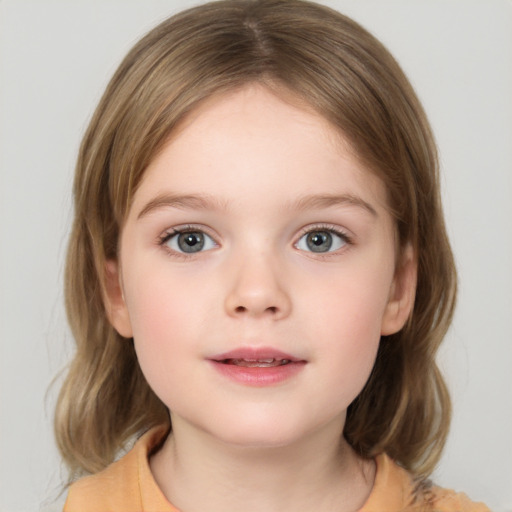 Neutral white child female with medium  brown hair and grey eyes