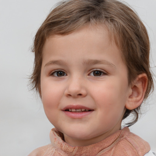 Joyful white child female with medium  brown hair and brown eyes