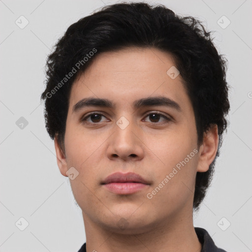Neutral white young-adult male with short  black hair and brown eyes