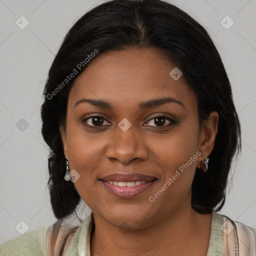 Joyful black young-adult female with medium  brown hair and brown eyes