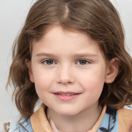 Joyful white child female with medium  brown hair and brown eyes