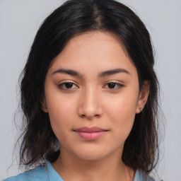 Neutral asian young-adult female with medium  brown hair and brown eyes