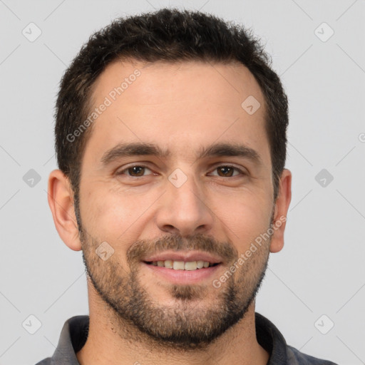 Joyful white young-adult male with short  brown hair and brown eyes