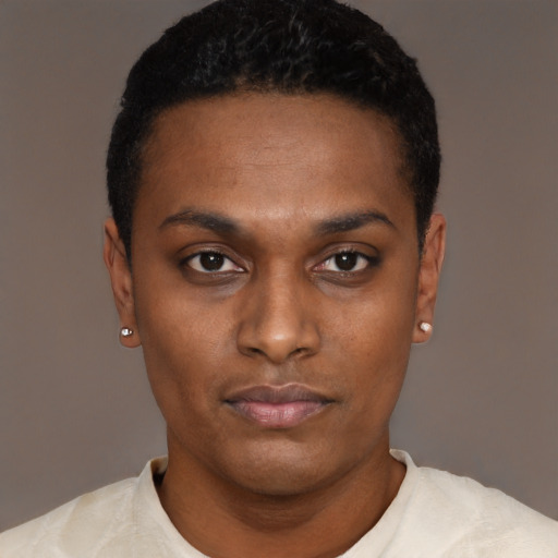 Neutral black young-adult male with short  black hair and brown eyes
