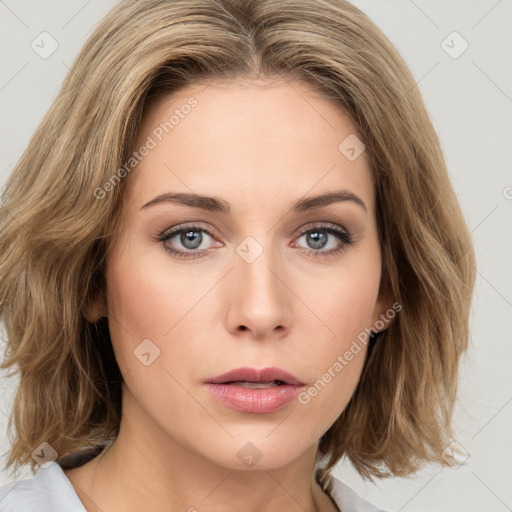 Neutral white young-adult female with medium  brown hair and brown eyes