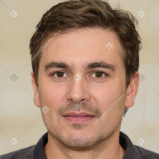 Neutral white adult male with short  brown hair and brown eyes