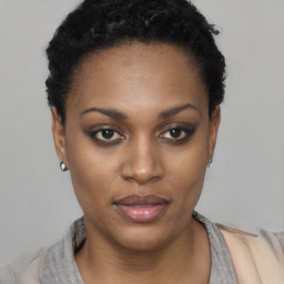 Neutral black young-adult female with short  black hair and brown eyes