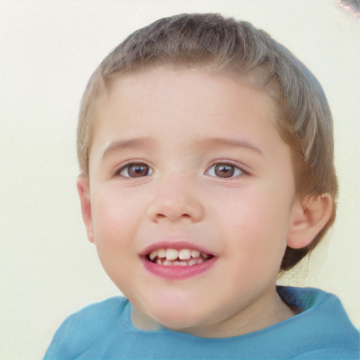 Joyful white child male with short  brown hair and blue eyes