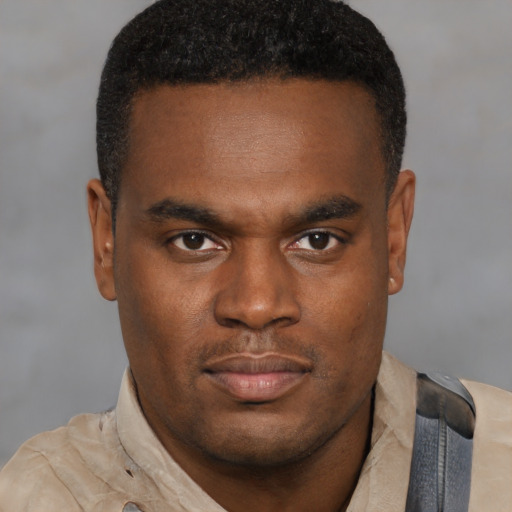 Joyful black young-adult male with short  brown hair and brown eyes