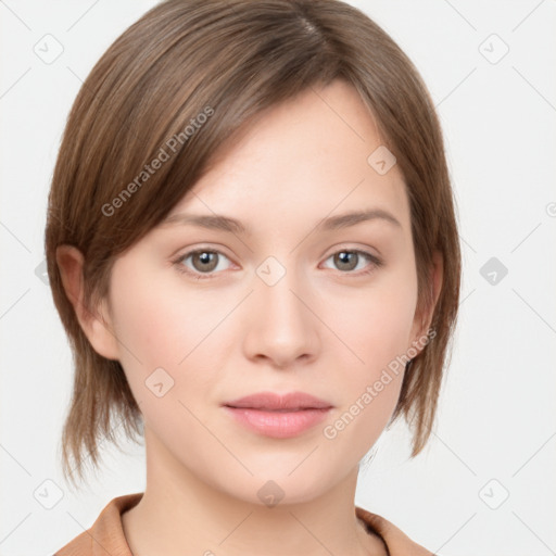 Neutral white young-adult female with medium  brown hair and grey eyes