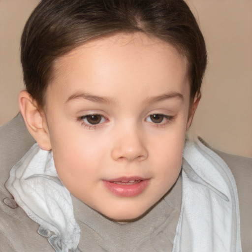 Joyful white child female with short  brown hair and brown eyes