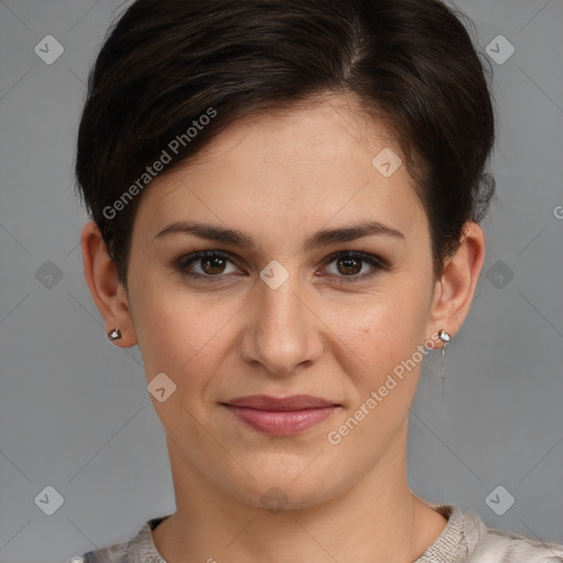 Joyful white young-adult female with short  brown hair and brown eyes