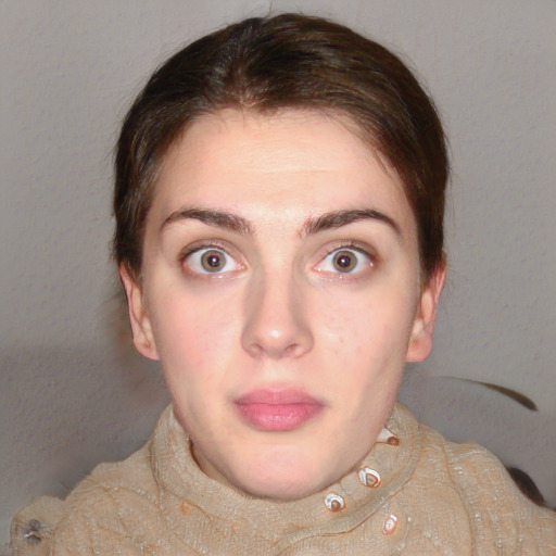 Neutral white young-adult female with short  brown hair and brown eyes