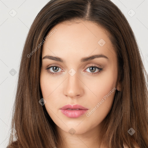 Neutral white young-adult female with long  brown hair and brown eyes