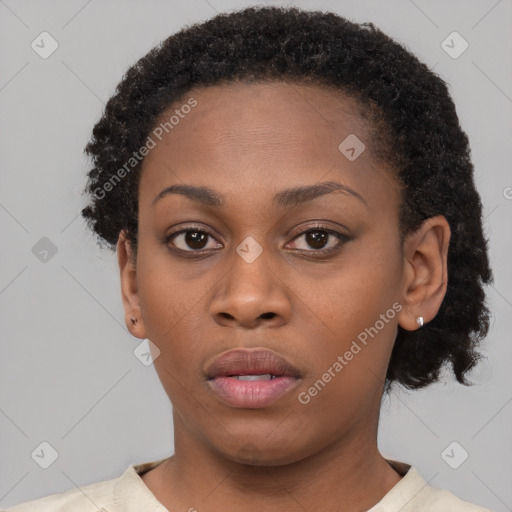 Neutral black young-adult female with short  black hair and brown eyes