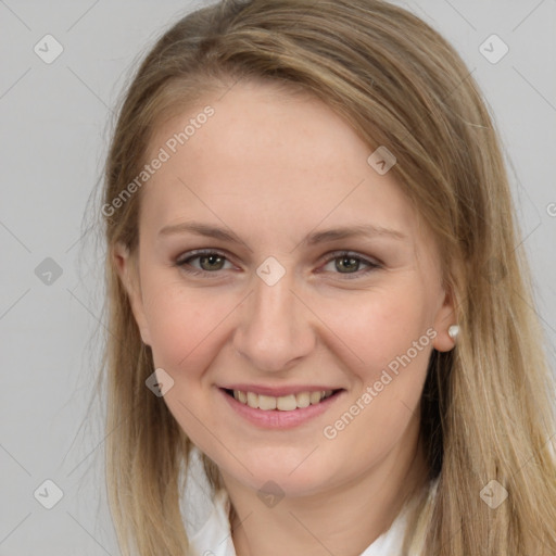 Joyful white young-adult female with long  brown hair and grey eyes