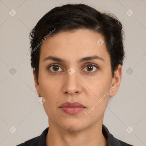 Neutral white young-adult female with short  brown hair and brown eyes