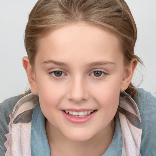 Joyful white child female with medium  brown hair and grey eyes