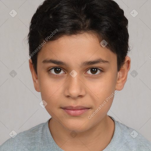 Joyful white child female with short  brown hair and brown eyes