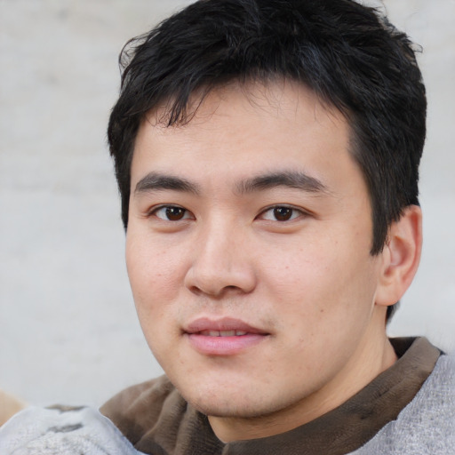 Neutral asian young-adult male with short  black hair and brown eyes
