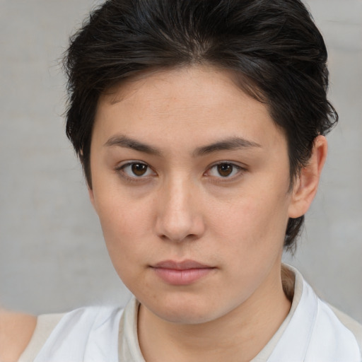 Neutral white young-adult female with medium  brown hair and brown eyes