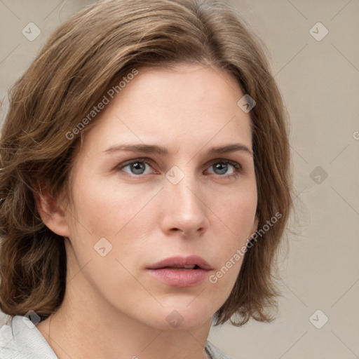 Neutral white young-adult female with medium  brown hair and grey eyes