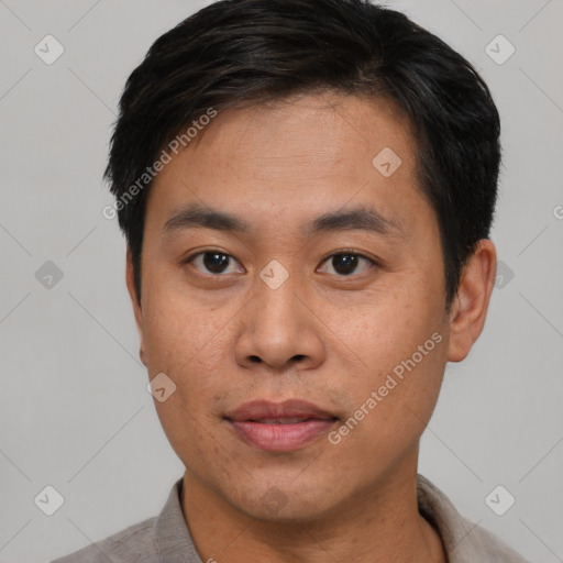 Neutral asian young-adult male with short  black hair and brown eyes