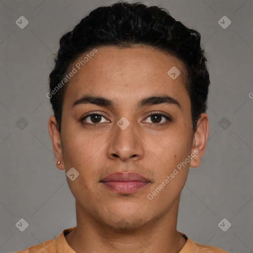 Neutral latino young-adult male with short  brown hair and brown eyes