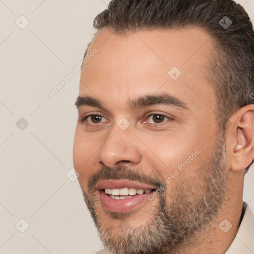 Joyful white young-adult male with short  brown hair and brown eyes