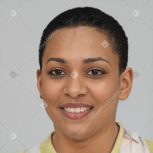 Joyful latino young-adult female with short  black hair and brown eyes