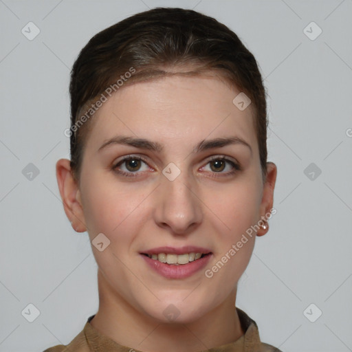 Joyful white young-adult female with short  brown hair and brown eyes