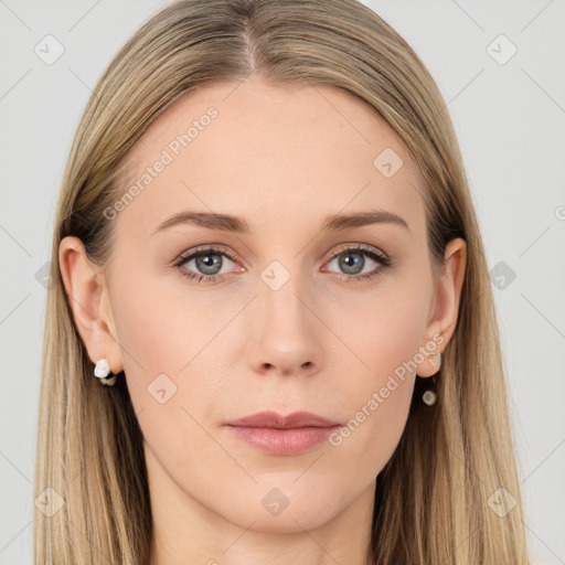 Neutral white young-adult female with long  brown hair and grey eyes