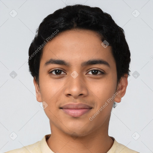 Neutral latino young-adult male with short  black hair and brown eyes