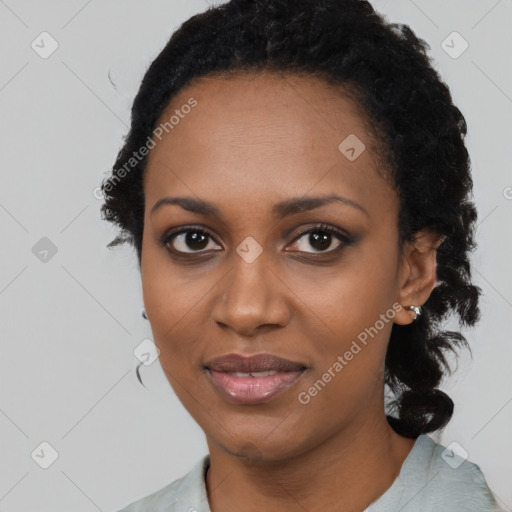 Joyful black young-adult female with medium  black hair and brown eyes