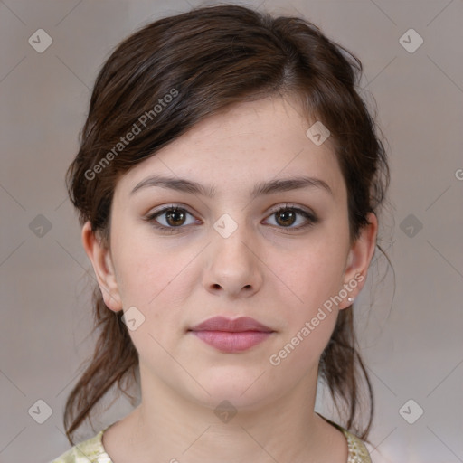 Neutral white young-adult female with medium  brown hair and brown eyes