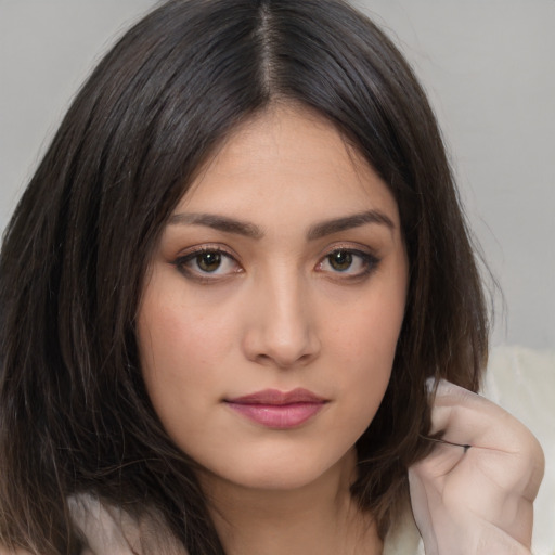 Neutral white young-adult female with medium  brown hair and brown eyes