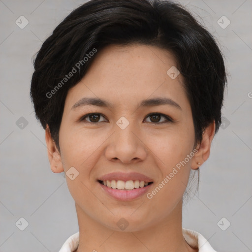 Joyful white young-adult female with short  brown hair and brown eyes