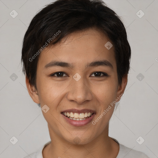 Joyful asian young-adult female with short  brown hair and brown eyes
