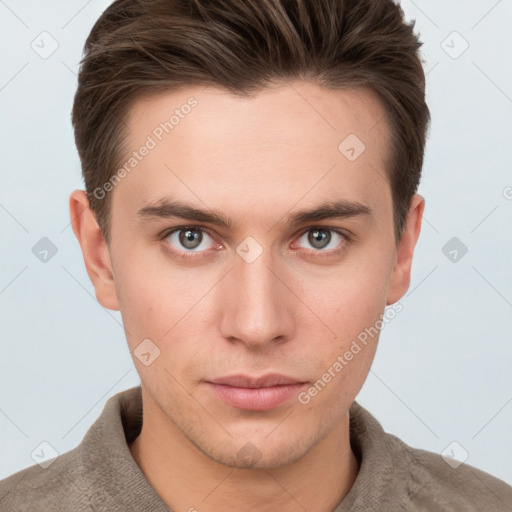 Neutral white young-adult male with short  brown hair and grey eyes