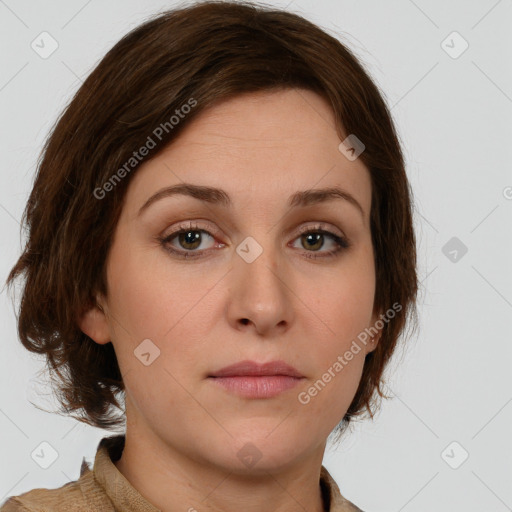 Neutral white young-adult female with medium  brown hair and green eyes