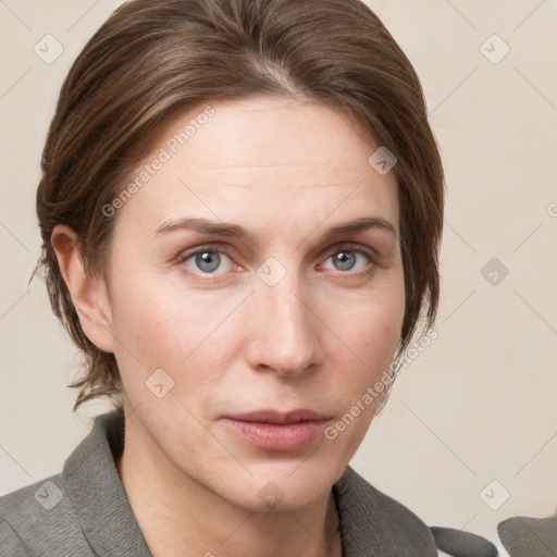 Neutral white young-adult female with medium  brown hair and grey eyes