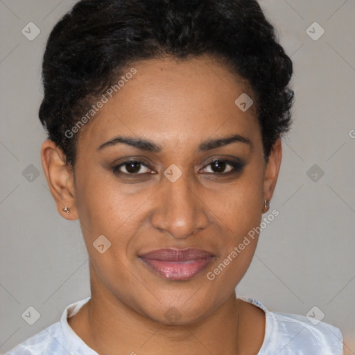 Joyful black young-adult female with short  brown hair and brown eyes