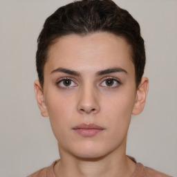 Neutral white young-adult female with short  brown hair and brown eyes